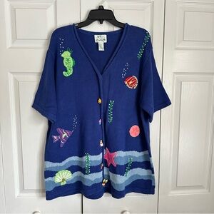 Vtg Quacker Factory Cardigan Sweater Womens 1X Blue Ocean Sea Life Embroidered